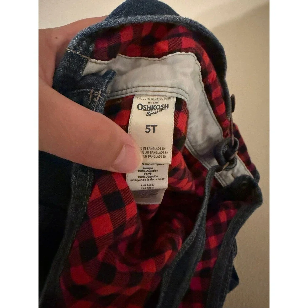 OshKosh Denim Overalls Red And Black Checked Lining Heart Pocket 5T